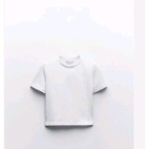 Zara Cropped T Shirt Mid Wheit Round Neck Slim Fit Nylon Short Sleeve 2335 159 S